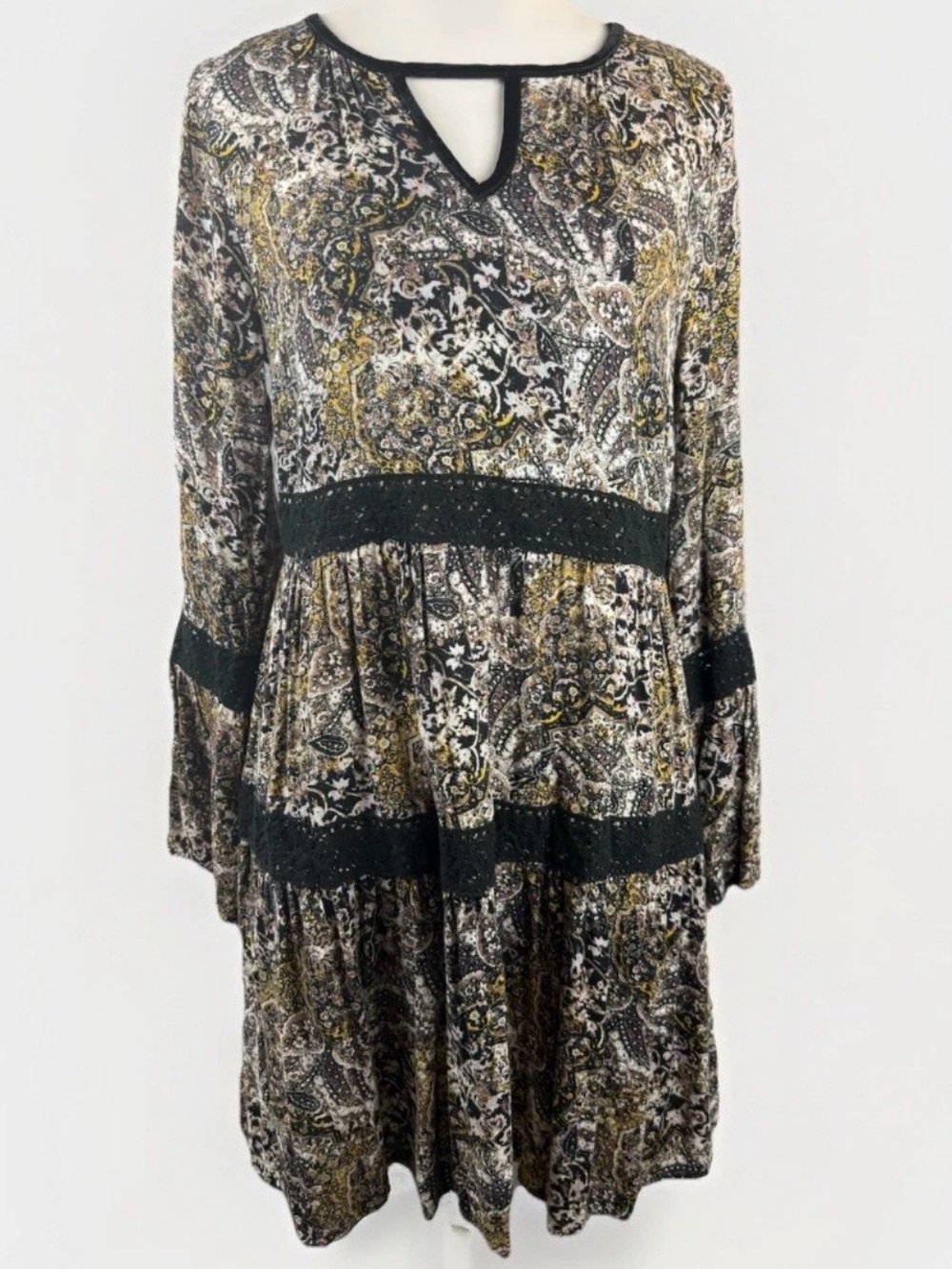 Knox Rose Women's Babydoll Dress Sz Medium Brown Paisley Velvet Lace Trim Boho